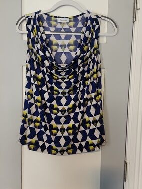 Calvin Klein Blue White Yellow Geometric Drape Neck Blouse (L)